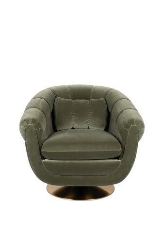 Photo de face du fauteuil lounge club MEMBER coloris tissus velours vert et pieds laiton