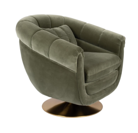 Photo profil fauteuil lounge club MEMBER tissus velours vert et pieds laiton.