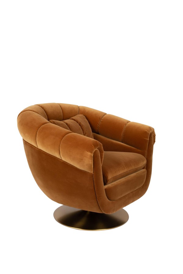 Photo de profil du fauteuil lounge club MEMBER coloris tissus velours cognac et pieds laiton