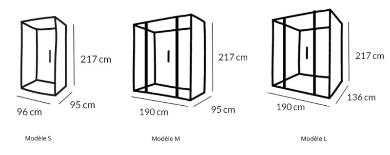 Schéma dimension cabine acoustique et réunion fabrication française. 1,2 et 4 places